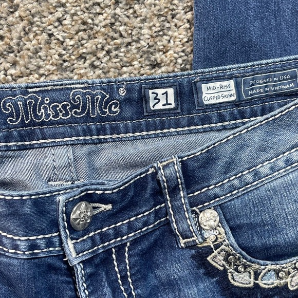 Miss Me Women's 32x27 Jeans Mid Rise Skinny Blue Embroidered Pocket Stretch - Picture 3 of 9